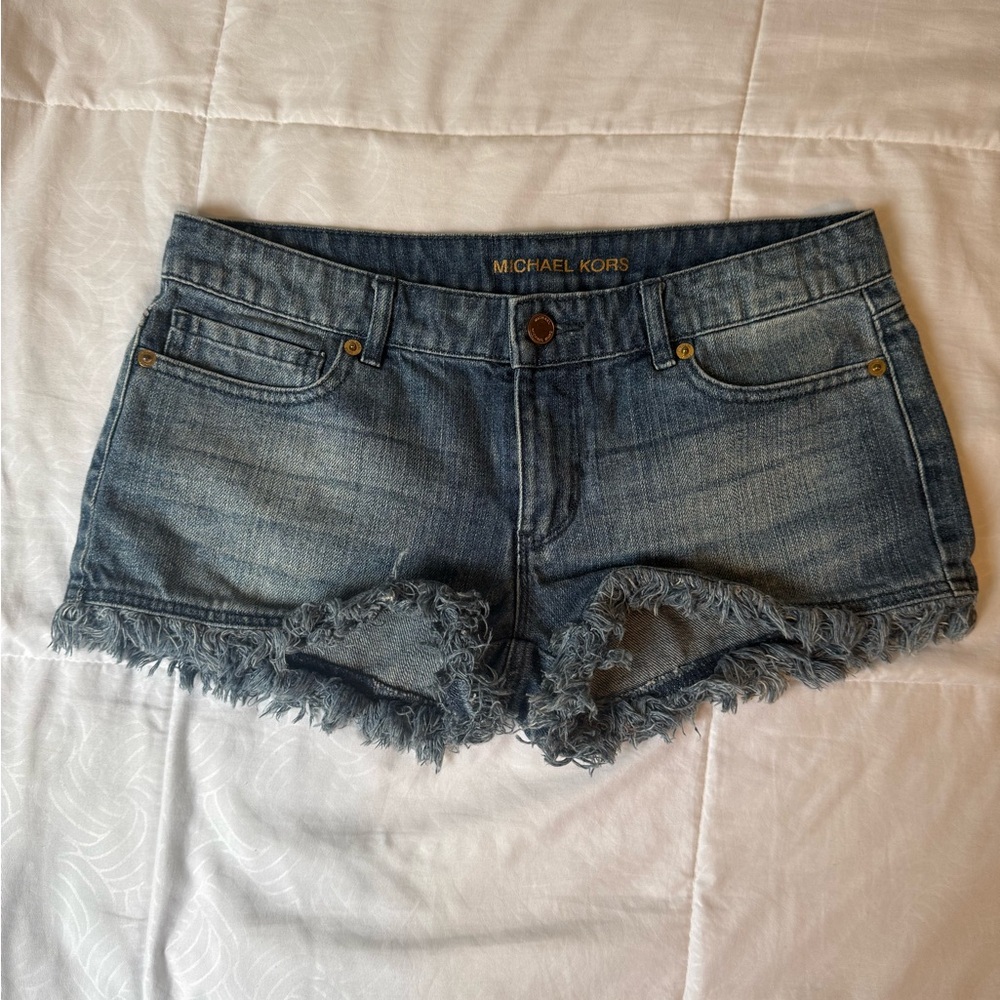 Michael Kors Distressed Frayed Hem Denim Shorts in Blue